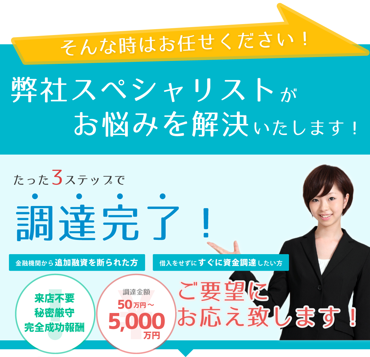 そんな時はお任せください！弊社スペシャリストがお悩みを解決いたします！たった3ステップで調達完了！